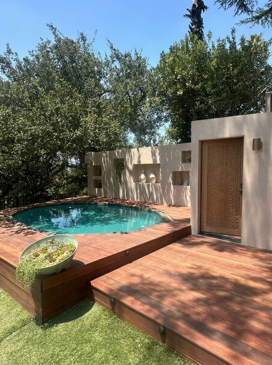 The pool's clean turquoise water reflecting trees, with the sanctuary's Moroccan door beyond