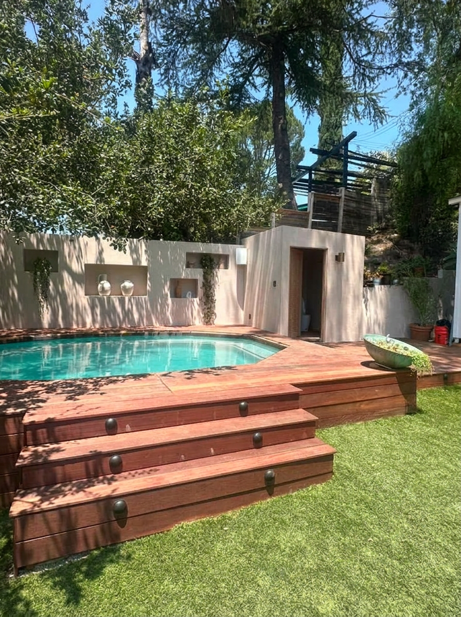 View of the pool full of fresh water with the meditation room beyond