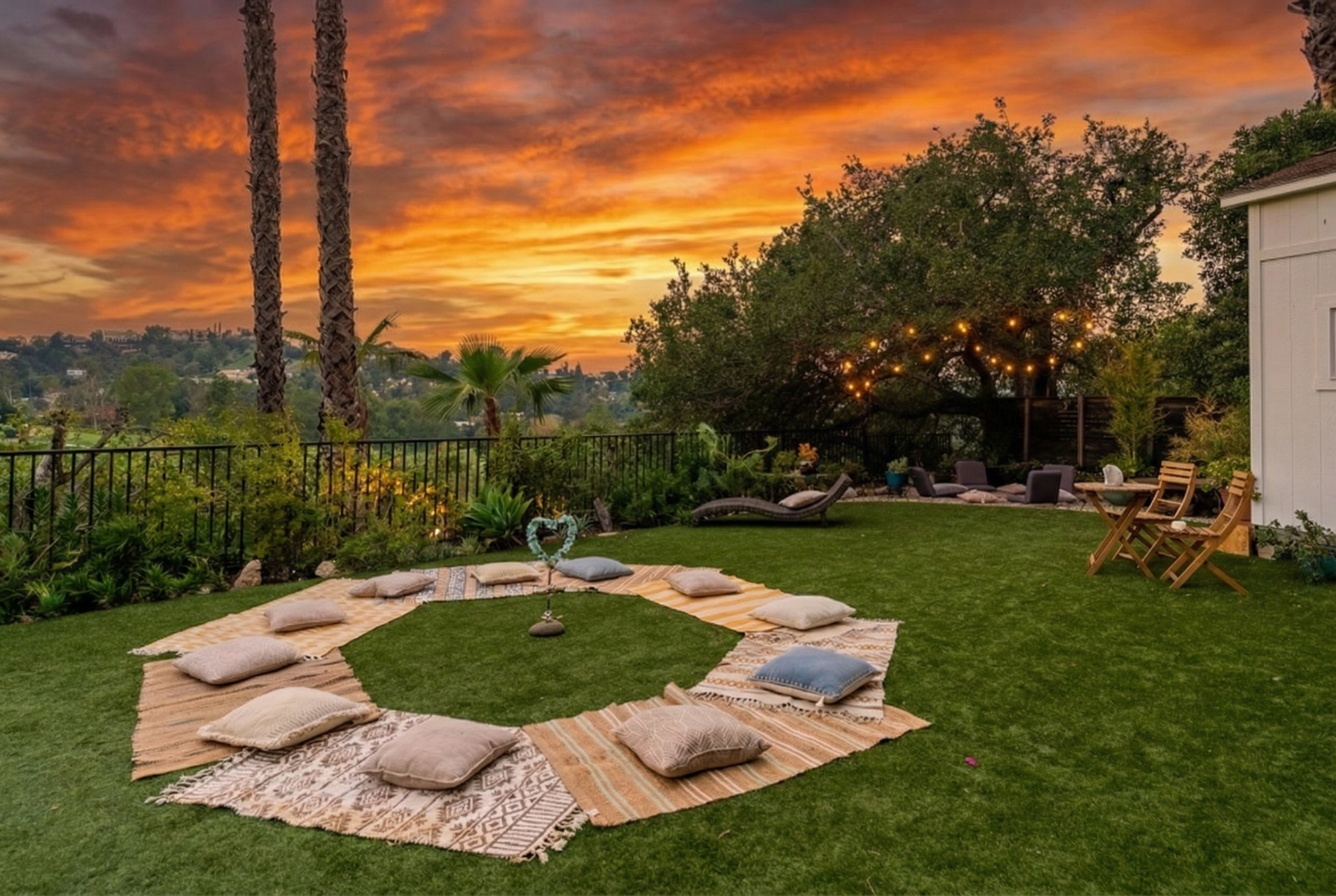 A circle of cushions arranged on the lawn at sunset, overlooking the Woodland Hills